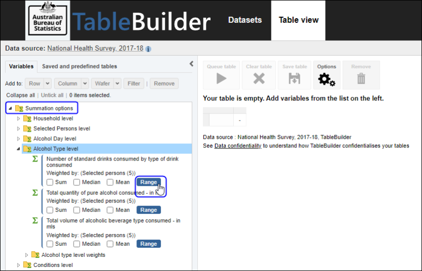 Summation options for continuous variables Australian Bureau of